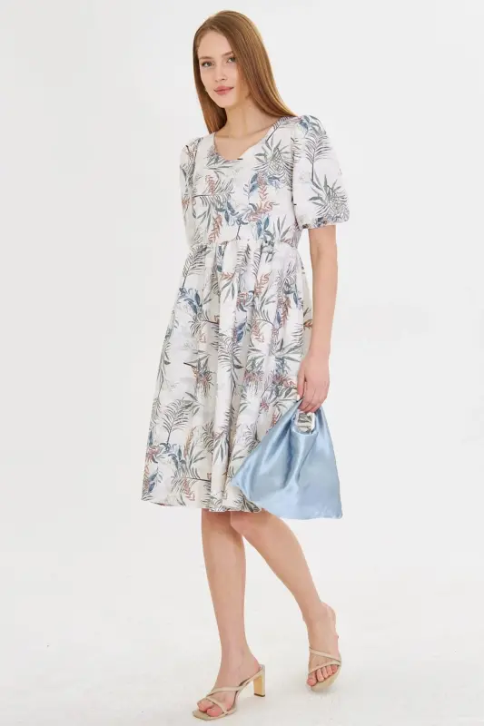 Kadın Krem U Yaka Kolları Lastikli Beli Büzgülü Midi Boy Elbise ARM-25Y001003-Krem - 2