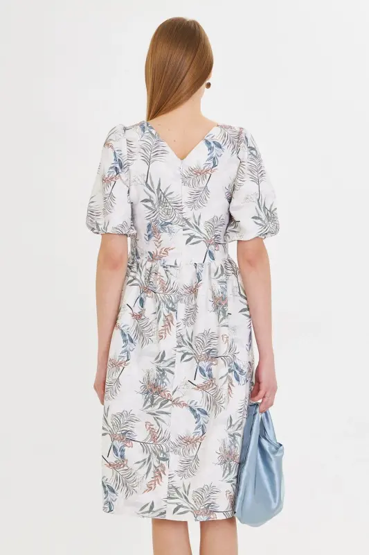 Kadın Krem U Yaka Kolları Lastikli Beli Büzgülü Midi Boy Elbise ARM-25Y001003-Krem - 4