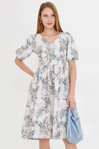 Kadın Krem U Yaka Kolları Lastikli Beli Büzgülü Midi Boy Elbise ARM-25Y001003-Krem 