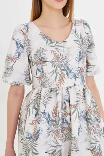 Kadın Krem U Yaka Kolları Lastikli Beli Büzgülü Midi Boy Elbise ARM-25Y001003-Krem - 3