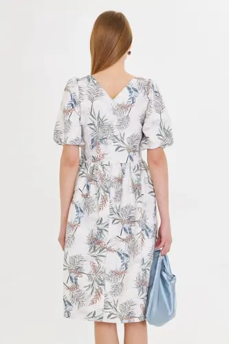 Kadın Krem U Yaka Kolları Lastikli Beli Büzgülü Midi Boy Elbise ARM-25Y001003-Krem - 4