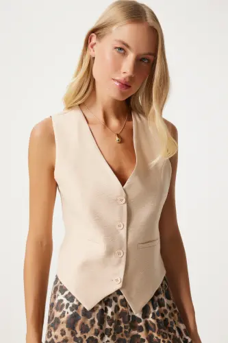 Kadın Krem V Yaka Şık Ayrobin Yelek TO00067-Krem - HAPPINESS İSTANBUL (1)