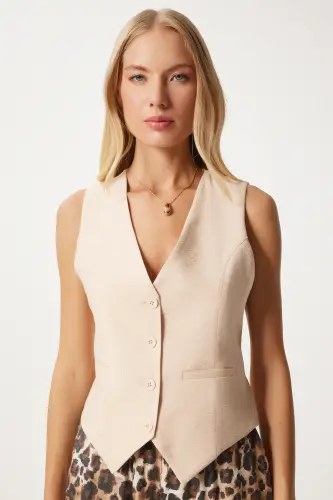 Kadın Krem V Yaka Şık Ayrobin Yelek TO00067-Krem - 3