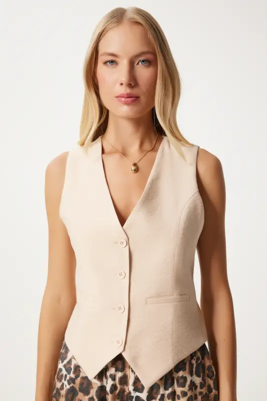 Kadın Krem V Yaka Şık Ayrobin Yelek TO00067-Krem - 3