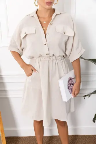 Kadın Krem Yarasa Kol Cepli Beli Lastikli Elbise ARM-23Y001076-Krem - 1