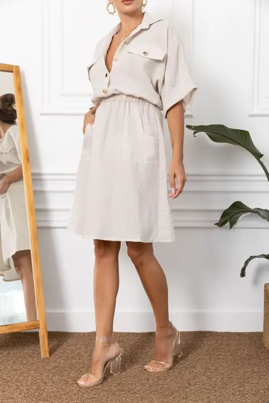 Kadın Krem Yarasa Kol Cepli Beli Lastikli Elbise ARM-23Y001076-Krem - 2