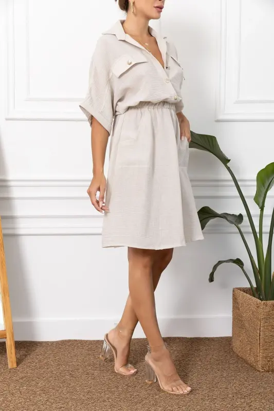 Kadın Krem Yarasa Kol Cepli Beli Lastikli Elbise ARM-23Y001076-Krem - 3