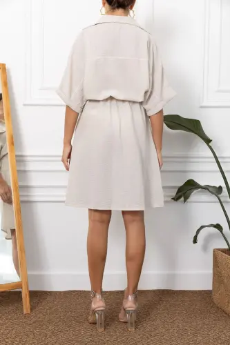 Kadın Krem Yarasa Kol Cepli Beli Lastikli Elbise ARM-23Y001076-Krem - 4