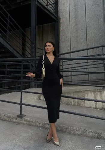 Kadın Kruvaze Yaka Balon Kol Simli Krep Kumaş Midi Boy Elbise - 3