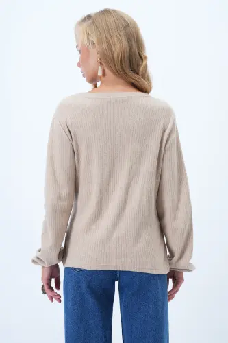 Kadın Kruvaze Yaka Kolu Lastikli İnterlok Kumaş Mevsimlik Bluz Açik Kahverengi ALC-X12929-AÇIK KAHVERENGİ - 6