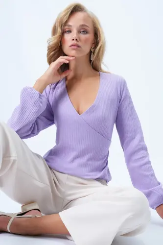 Kadın Kruvaze Yaka Kolu Lastikli İnterlok Kumaş Mevsimlik Bluz Açik Pembe ALC-X12929-AÇIK PEMBE - 3