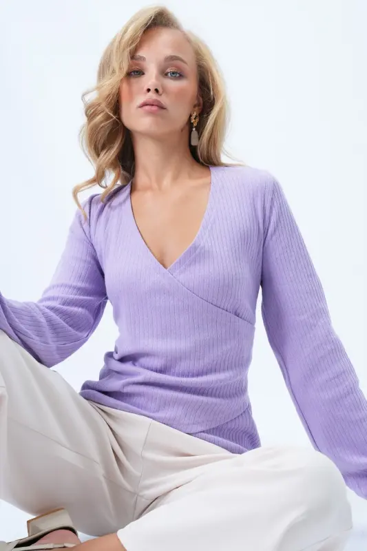 Kadın Kruvaze Yaka Kolu Lastikli İnterlok Kumaş Mevsimlik Bluz Açik Pembe ALC-X12929-AÇIK PEMBE - 4