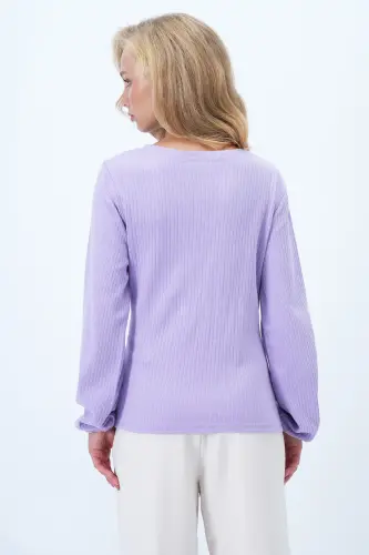 Kadın Kruvaze Yaka Kolu Lastikli İnterlok Kumaş Mevsimlik Bluz Açik Pembe ALC-X12929-AÇIK PEMBE - 5