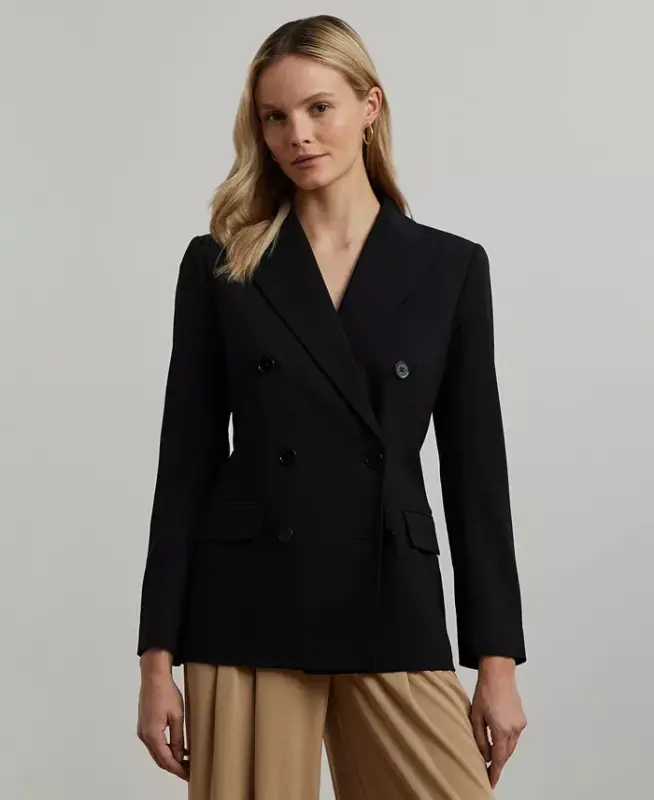 Women's Double-Breasted Wool Crepe Blazer - Polo Black - 1
