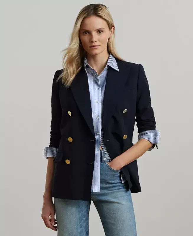 Women's Double-Breasted Wool Crepe Blazer - Lauren Navy - 1