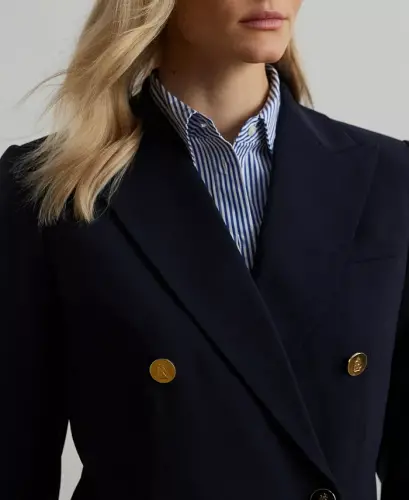 Women's Double-Breasted Wool Crepe Blazer - Lauren Navy - 3