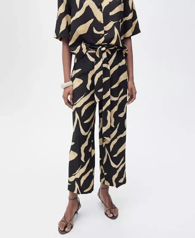Women's Belted Printed Straight Trousers Pants - Black - 2