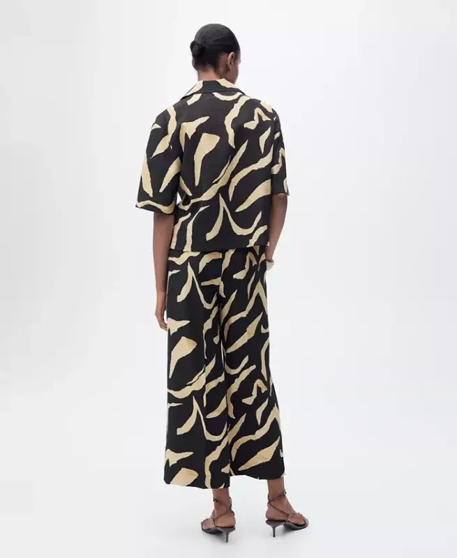 Women's Belted Printed Straight Trousers Pants - Black - 3