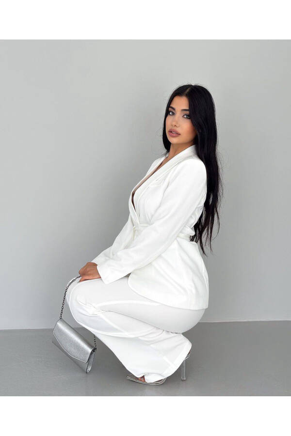 Kadın Kuşaklı Ceket Pantolon Takım Beyaz-Beyaz - 3