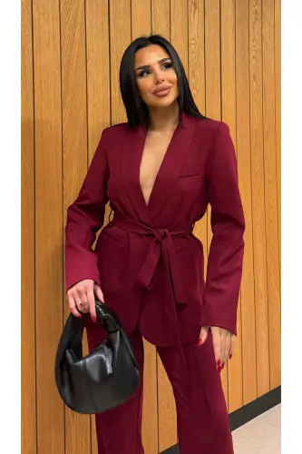 Kadın Kuşaklı Ceket Pantolon Takım Bordo - Bordo - 3