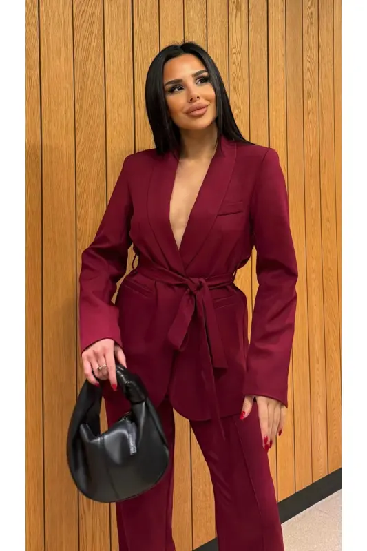 Kadın Kuşaklı Ceket Pantolon Takım Bordo - Bordo - 3