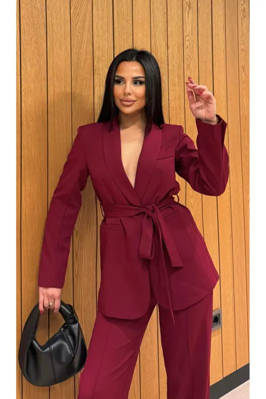 Kadın Kuşaklı Ceket Pantolon Takım Bordo - Bordo - 5