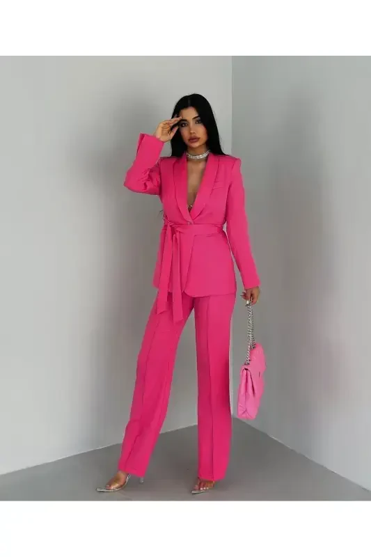 Kadın Kuşaklı Ceket Pantolon Takım Fuşya-Pembe - PEMBEKURDELEM
