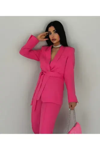 Kadın Kuşaklı Ceket Pantolon Takım Fuşya-Pembe - PEMBEKURDELEM (1)
