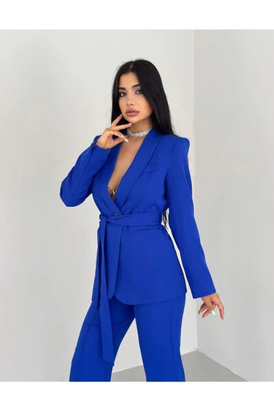 Kadın Kuşaklı Ceket Pantolon Takım Saks Mavi-Saksmavi - PEMBEKURDELEM