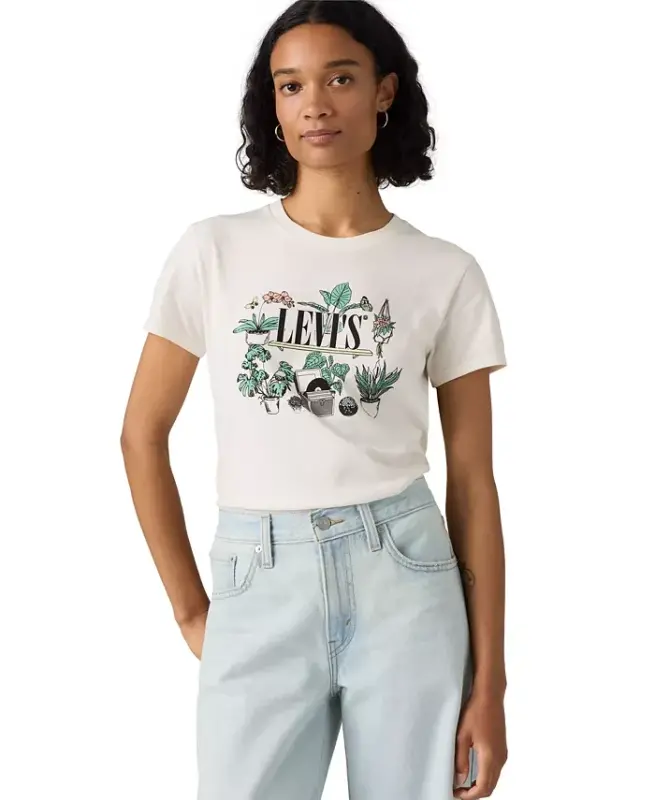 Women's Perfect Graphic Logo Cotton T-Shirt - Serif Plant Shelf Egret - 1