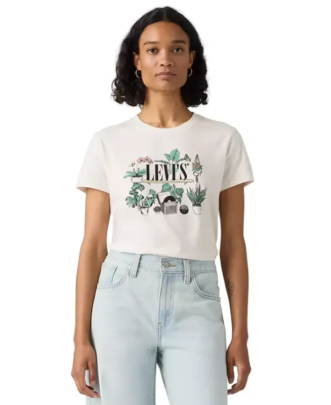 Women's Perfect Graphic Logo Cotton T-Shirt - Serif Plant Shelf Egret - 4