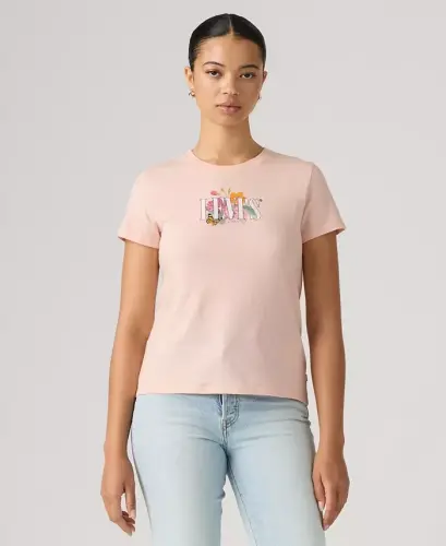 Women's Perfect Graphic Logo Cotton T-Shirt - Botanical Rose Serif Mangano Calcite 