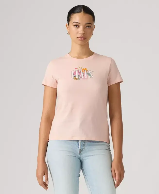 Women's Perfect Graphic Logo Cotton T-Shirt - Botanical Rose Serif Mangano Calcite - 1