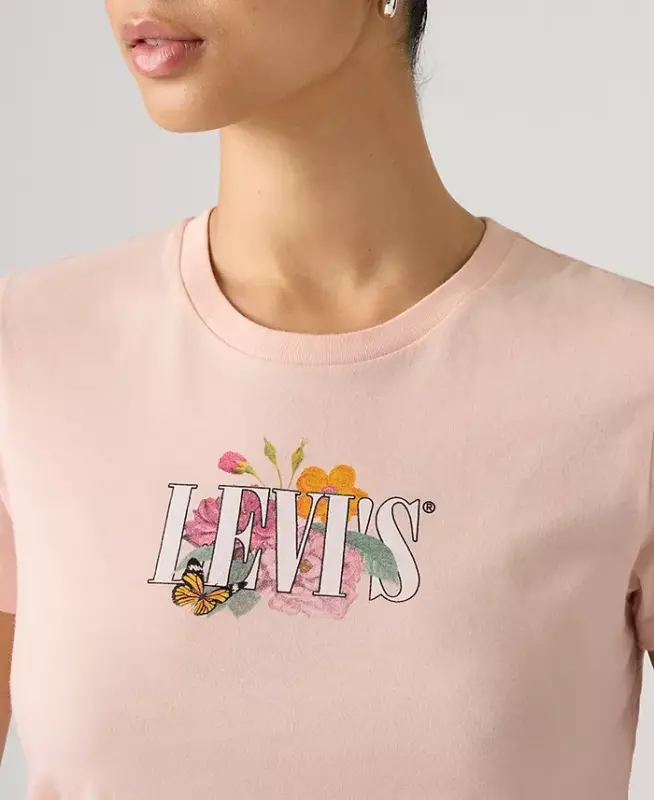 Women's Perfect Graphic Logo Cotton T-Shirt - Botanical Rose Serif Mangano Calcite - 2