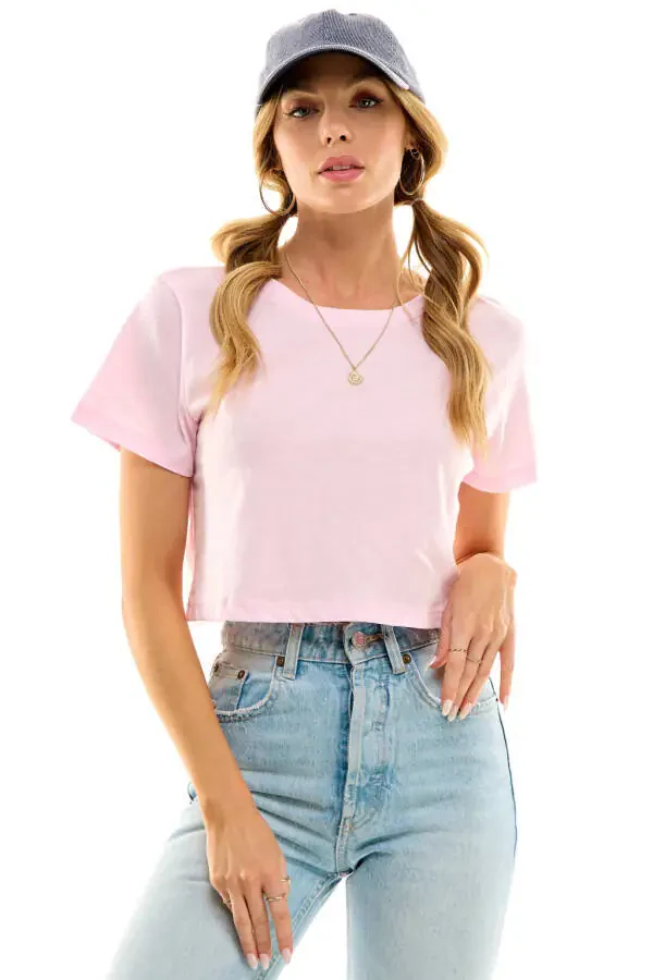 Women's Boxy Crop Top Round Neck Short Sleeve Casual 100% Cotton Cropped Tee T-Shirt, Baby Pink, X-Large- - 1