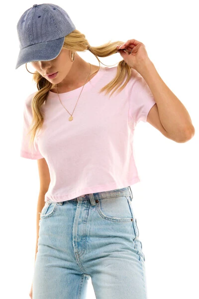 Women's Boxy Crop Top Round Neck Short Sleeve Casual 100% Cotton Cropped Tee T-Shirt, Baby Pink, X-Large- - 9