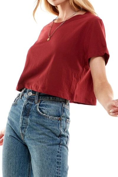 Women's Boxy Crop Top Round Neck Short Sleeve Casual 100% Cotton Cropped Tee T-Shirt (X-Large, Burgundy)- - 3