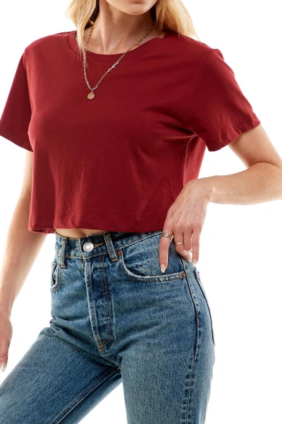Women's Boxy Crop Top Round Neck Short Sleeve Casual 100% Cotton Cropped Tee T-Shirt (X-Large, Burgundy)- - 4
