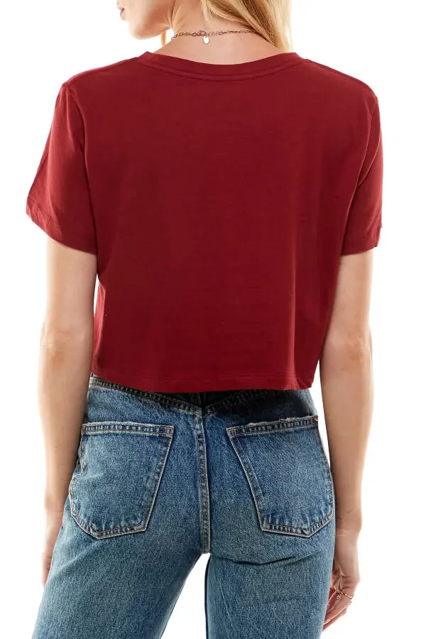 Women's Boxy Crop Top Round Neck Short Sleeve Casual 100% Cotton Cropped Tee T-Shirt (X-Large, Burgundy)- - 5