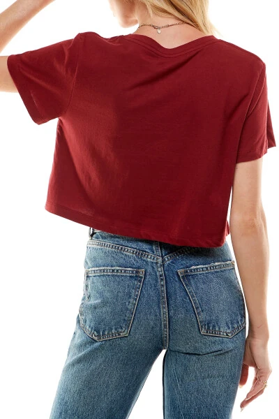 Women's Boxy Crop Top Round Neck Short Sleeve Casual 100% Cotton Cropped Tee T-Shirt (X-Large, Burgundy)- - 6