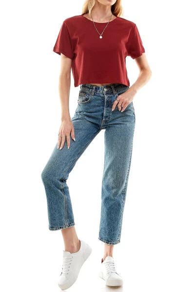 Women's Boxy Crop Top Round Neck Short Sleeve Casual 100% Cotton Cropped Tee T-Shirt (X-Large, Burgundy)- - 7