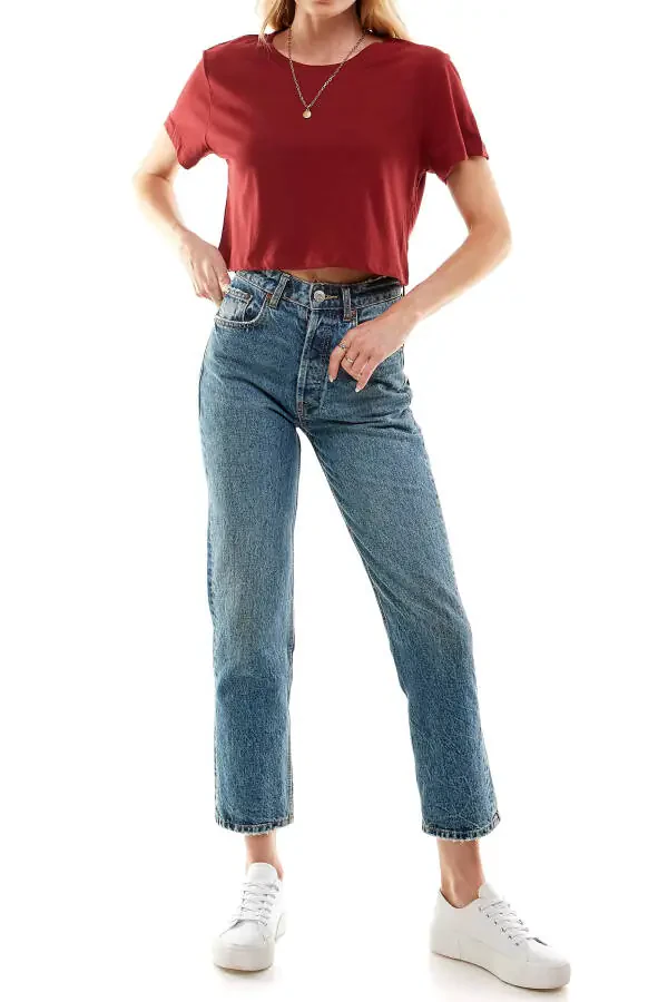 Women's Boxy Crop Top Round Neck Short Sleeve Casual 100% Cotton Cropped Tee T-Shirt (X-Large, Burgundy)- - 8