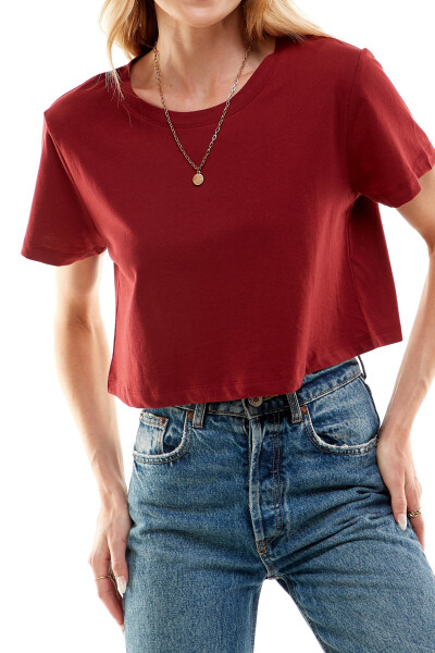 Women's Boxy Crop Top Round Neck Short Sleeve Casual 100% Cotton Cropped Tee T-Shirt (X-Large, Burgundy) - LOVING PEOPLE