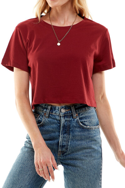 Women's Boxy Crop Top Round Neck Short Sleeve Casual 100% Cotton Cropped Tee T-Shirt (X-Large, Burgundy) - LOVING PEOPLE (1)