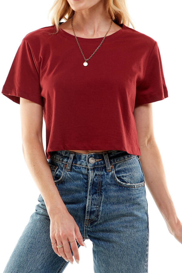 Women's Boxy Crop Top Round Neck Short Sleeve Casual 100% Cotton Cropped Tee T-Shirt (X-Large, Burgundy) - 2