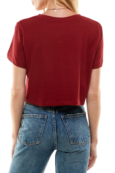 Women's Boxy Crop Top Round Neck Short Sleeve Casual 100% Cotton Cropped Tee T-Shirt (X-Large, Burgundy) - 5