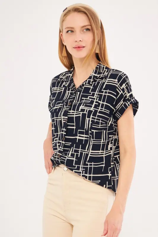 Kadın Laci- Bej Desenli Kısa Kol Gömlek ARM-22Y001052-Laci - 1