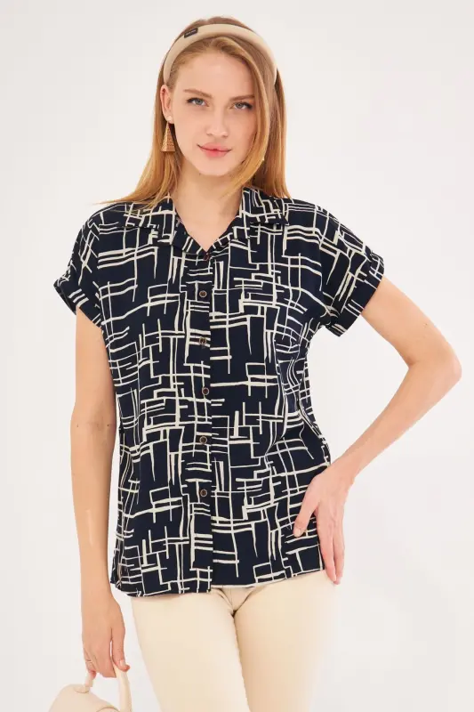 Kadın Laci- Bej Desenli Kısa Kol Gömlek ARM-22Y001052-Laci - 5