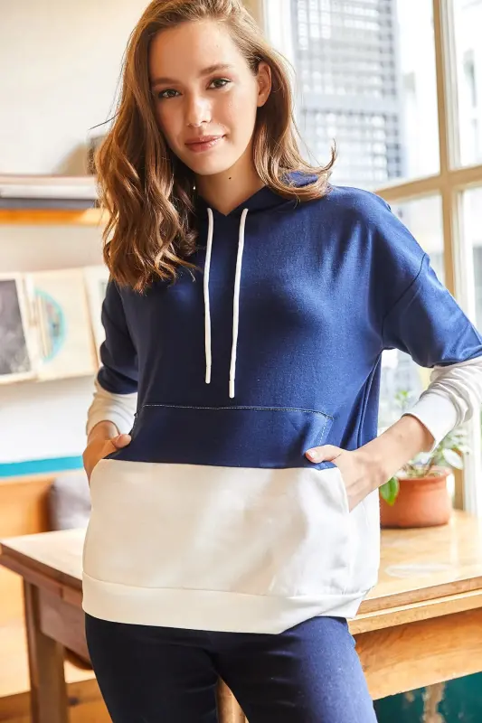 Kadın Lacivert 2 Renkli Oversize Sweatshirt SWT-19000228 - Lacivert - 2