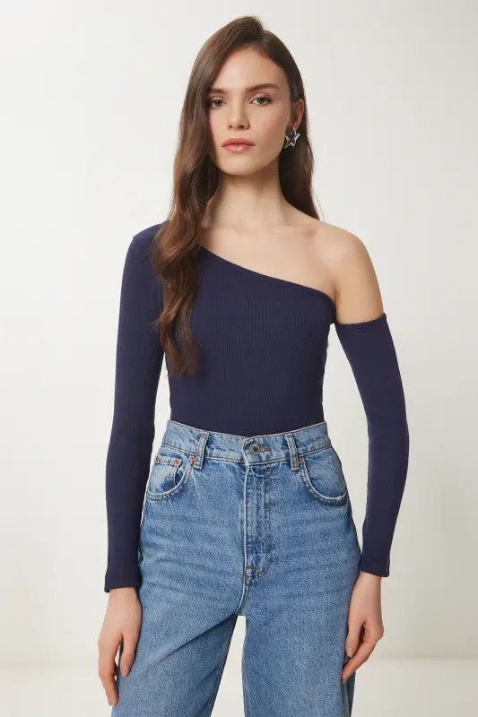 Kadın Lacivert Açık Omuzlu Fitilli Örme Bluz TG00011 - Lacivert - 3